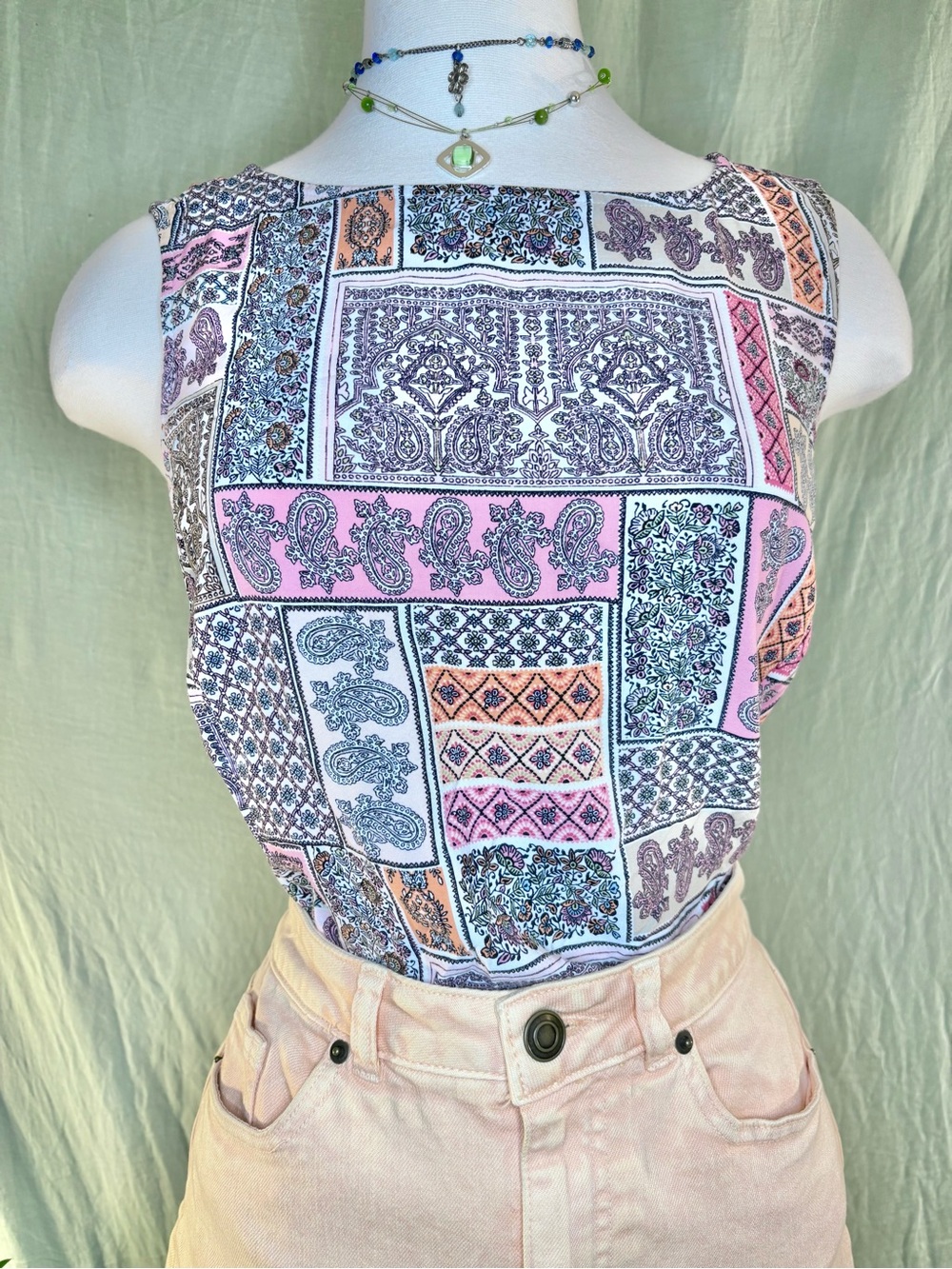 Pink & Orange Patchwork Sleeveless Blouse #y2k